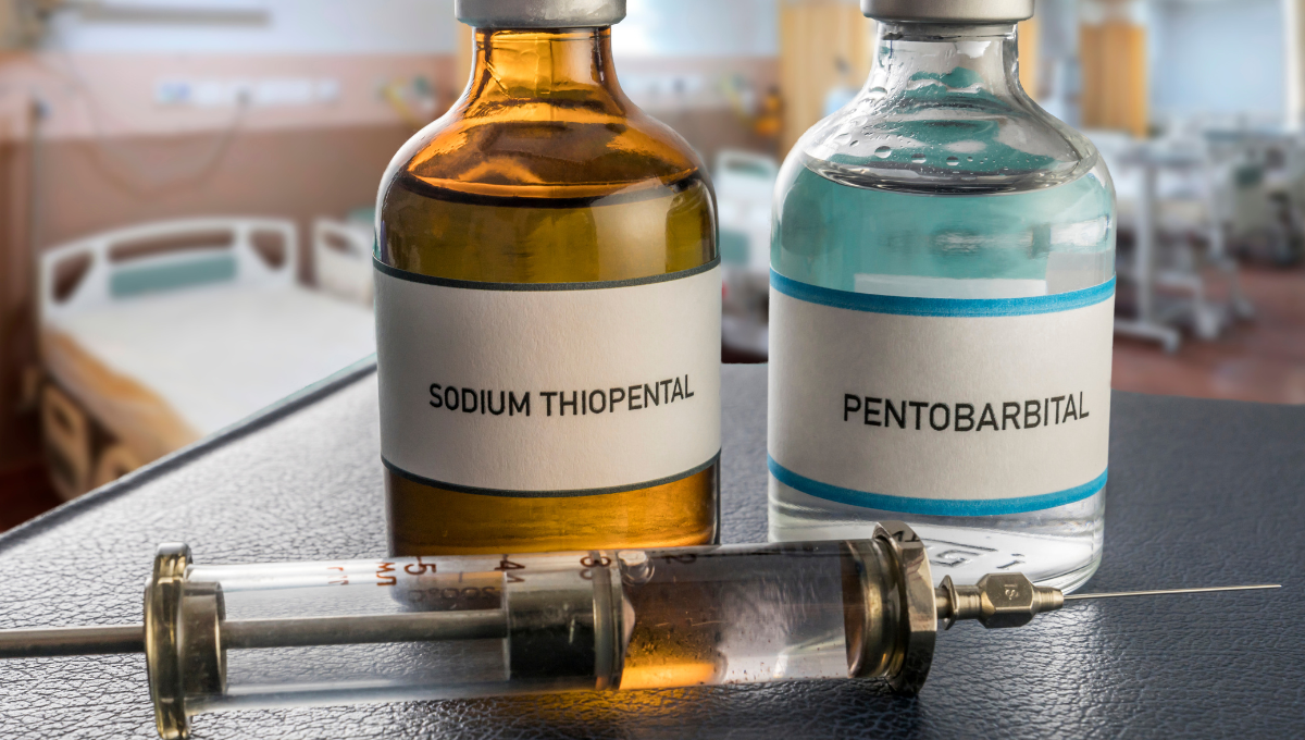 Eine Spritze liegt vor zwei Medikamentenflaschen mit Aufschrift Sodium Thipental und Pentobarbital