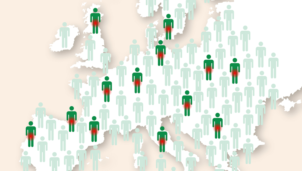 Wie häufig ist Obstipation? Eine Landkarte zeigt symbolisch die Verteilung in Westeuropa.